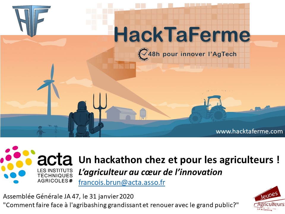 HackTaFerme's tweet photo. RDV ce 31 janvier 2020
Retour sur les deux premières éditions #HackTaFerme 2018 et 2019 @ACTA_asso @ARTERRIS11 @ValdeGascogne @chambagri32 @Terrasolis_ @API_AGRO , témoignage à l'AG JA 47 @47Jeunes "Comment faire face à l'agribashing grandissant et renouer avec le grand public?" https://t.co/LZzDzj1rWB