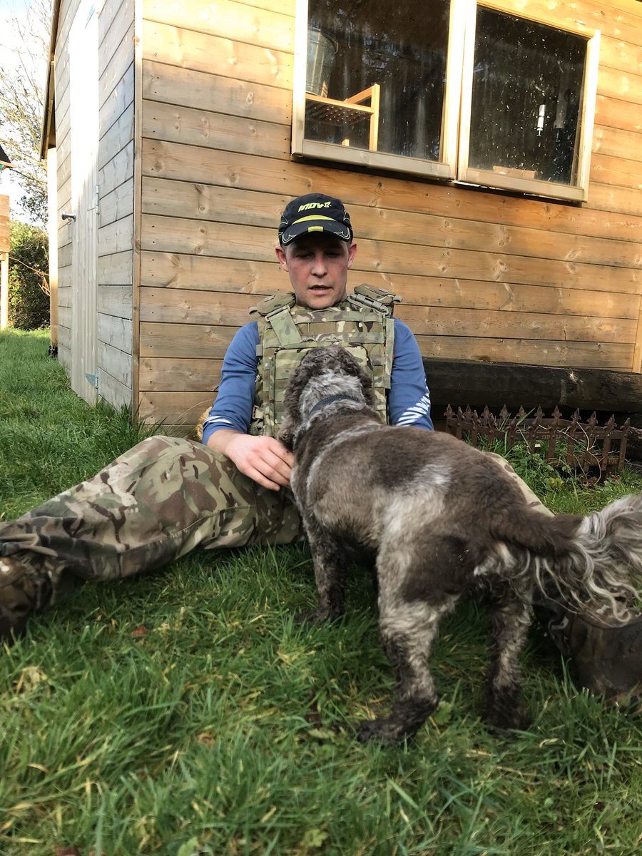 AmyasGodfrey's tweet photo. Training for the #LondonMarathon in full combat gear is a #challenge but Buddy the #dog doesn’t seem to mind.  It means more #running for him.  https://t.co/pdqeIthHAT. #Veterans #charity #run #combatstress #endurance #training #mentalhealth #preperation https://t.co/46yTjMUNzg