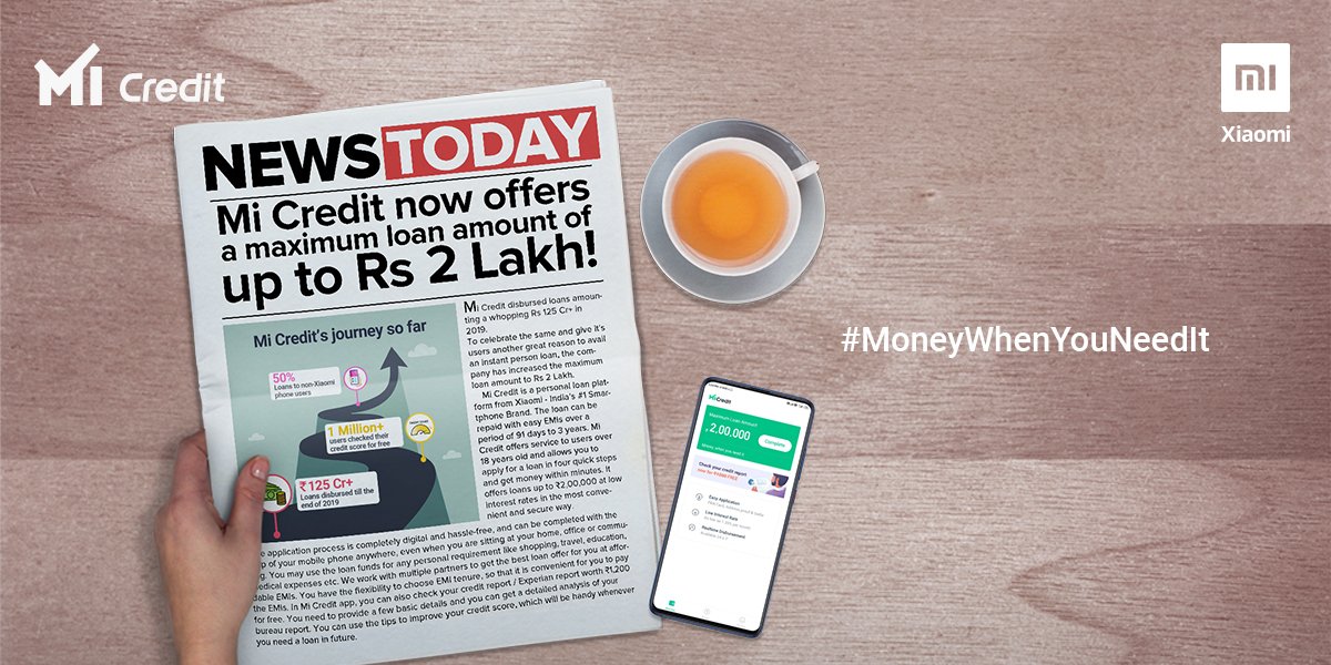 To celebrate an immensely successful 2019 when @MoneyWithMi disbursed loans amounting to a whopping Rs 125 Cr+, we are increasing the lending limit.

Now get loans up to Rs 2 Lakhs on the #MiCredit app!💰

Download the app today and get 2L loan. 🤑

#Xiaomi ❤️ #MoneyWhenYouNeedIt