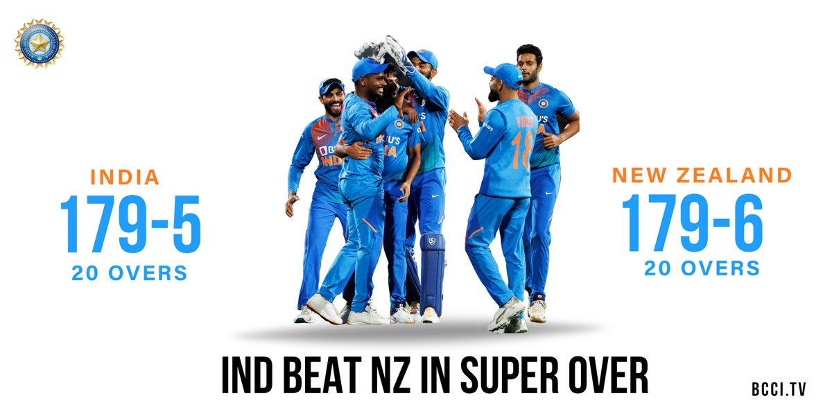 BCCI's tweet photo. WHAT A MATCH! 🔥🔥
#TeamIndia win in super over, take an unassailable lead of 3️⃣ - 0️⃣ in the 5-match series. 🇮🇳 #TeamIndia #NZvIND https://t.co/4Lc1AdFZZg