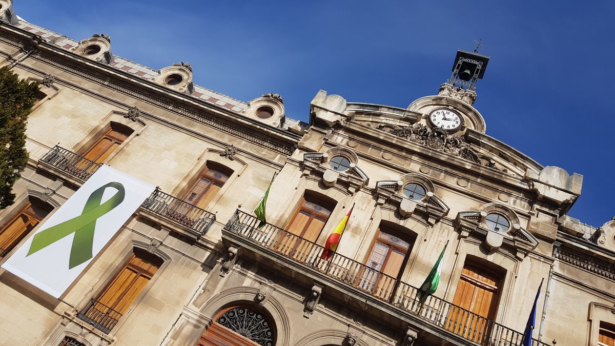 dipujaen's tweet photo. La @dipujaen coloca un lazo verde en el Palacio Provincial en apoyo a las movilizaciones del sector oleícola de la provincia de Jaén #AceiteConPrecio https://t.co/oY9lxzewqh