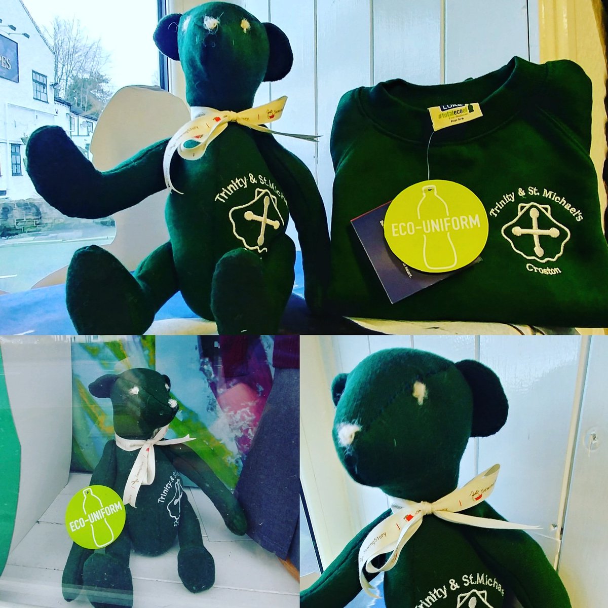 FavouritesLtd's tweet photo. Say hello to our green Eco uniform bear. Charles was lovingly made from used Eco-uniforms. A nice gift or keepsake. #RecycleAndReuse #ecouniform #Lancashirebusiness #memorybear https://t.co/XlcUJPHfph