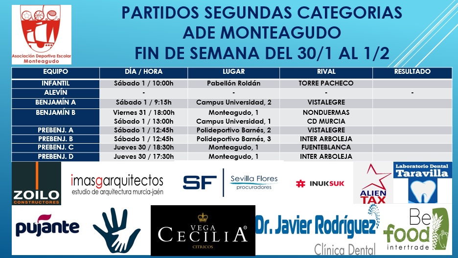 MonteagudoAde's tweet photo. 📆 CALENDARIO 📆 
Partidos correspondientes al fin de semana del 30 de enero al 1 de febrero de nuestros equipos de segundas categorías. ⚽⚽⚽
⚠️ Se aplaza el partido del sábado del #PrebenjaminD⚠️
#SomosADEMonteagudo
#SomosBlancosAzules 🔵⚪🔵 https://t.co/Tef2bMFQ7q