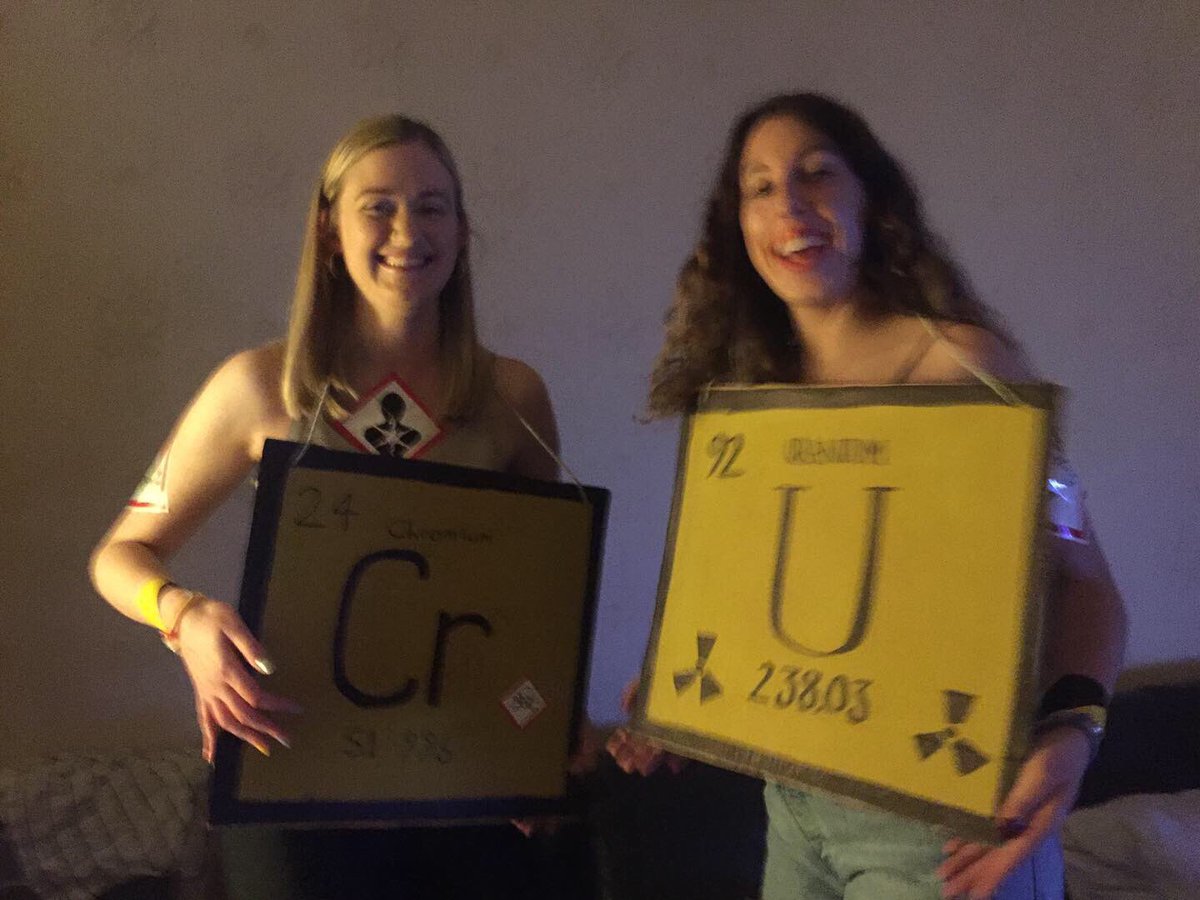 FiMacIverJones's tweet photo. Dressing up as our target remediation elements. Trying not to scare the undergrads with our over enthusiasm 
#RealTimeChem #KirkGroup #uranium #chromium https://t.co/83Tck5pxNu