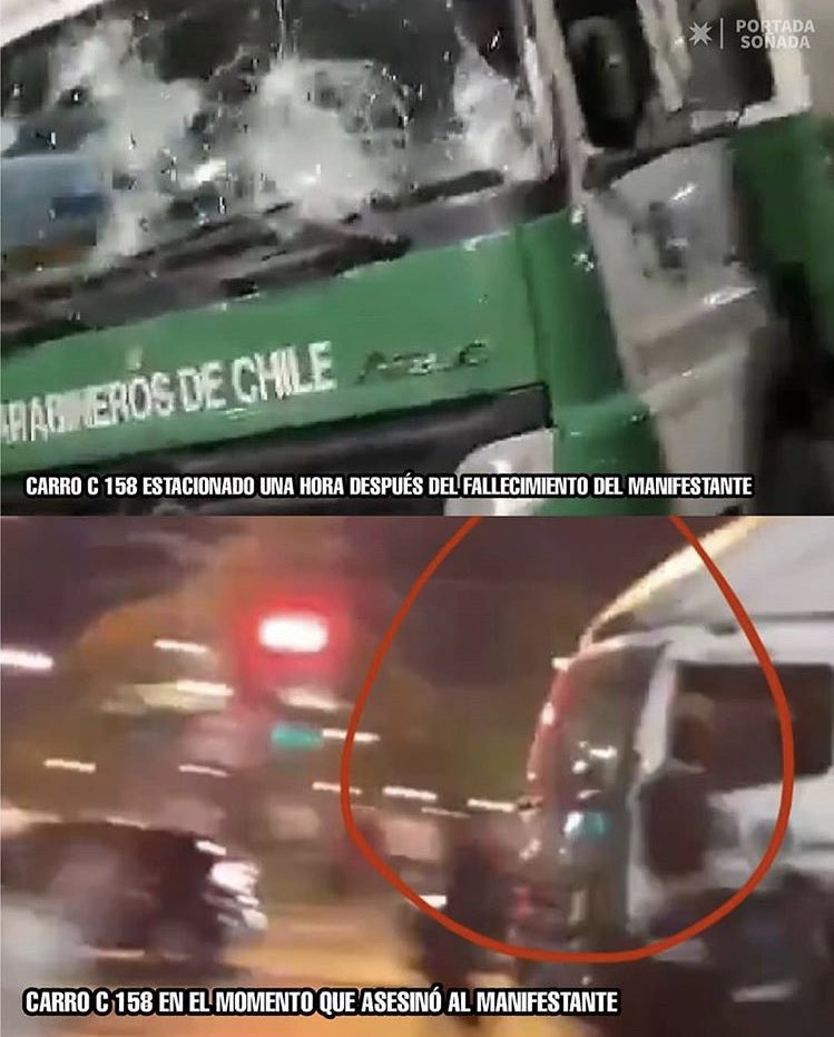 JoviNomas's tweet photo. Carabineros después de atropellar y dar muerte a Jorge Mora, quebró el parabrisas del camión para ahora decir que tenían poca visibilidad y que no vieron al hincha al momento del "accidente".  IMPOSIBLE que no te des cuenta que atropellaste a un persona.
#Montaje 
#PacosAsesinos https://t.co/DS4z2mXvOv