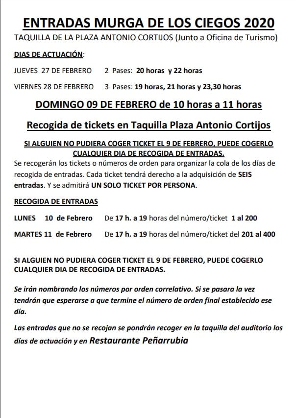 Horario y días para comprar entradas de <a href="/MurgaLosCiegos/">Murga Los Ciegos</a> 
<a href="/AYUNTAGUILAS/">AYTO. DE ÁGUILAS</a> @AGNoticiasCom <a href="/Aguilas_Turismo/">Turismo Águilas</a>