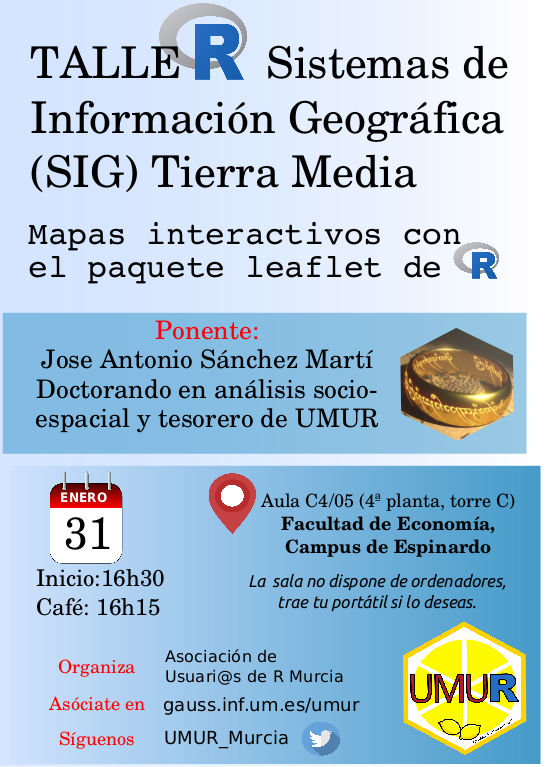 TalleR: Sistemas de Información Geográfica (SIG) Tierra Media.

Próximo viernes 31/nov 16:30h. Fac Economía <a href="/UMU/">Universidad Murcia</a> . Organiza <a href="/UMUR_Murcia/">UMUR</a> . Ponente Jose Antonio Sánchez Martí. A las 16:15 Rcoffee.. o tea with biscuits! <a href="/EconomicasUMU/">Facultad de Economía y Empresa UMU</a>
