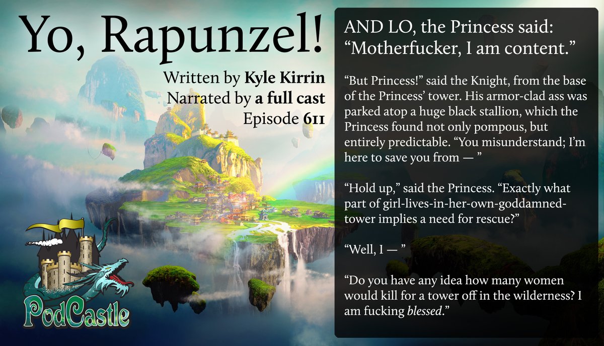 PodCastle_org's tweet photo. #pc611 "Yo, Rapunzel!" by @KyleKirrin, narrated by a full cast of @EAPodcasts folks. A #PodCastleOriginal!

Rated R for ridiculous, with sprinklings of boardgames, box wine, and profanity. Bet you can't get through this one without grinning.

https://t.co/feBg94kSDi https://t.co/xXWNQ1XFe8
