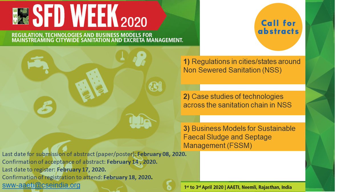 school_waterCSE's tweet photo. Deadlines to register and contribute at the #SFDWEEK knowledge conclave at #AAETI have been extended! Have a look below for more info.
https://t.co/tupdRkXfty
@CSEINDIA @WaterResearchSA @wateraid @IWAHQ @IWAPublishing @susana_org @NFSSMalliance @cleanganganmcg @BMGFIndia https://t.co/XFXfABKCw1