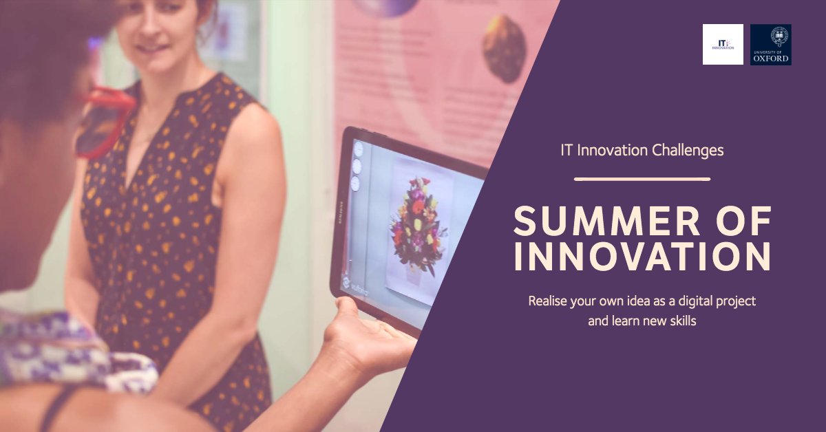 Students using a tablet with slogan 'summer of innovation. Realise your own idea as a digital project and learn new skills.'