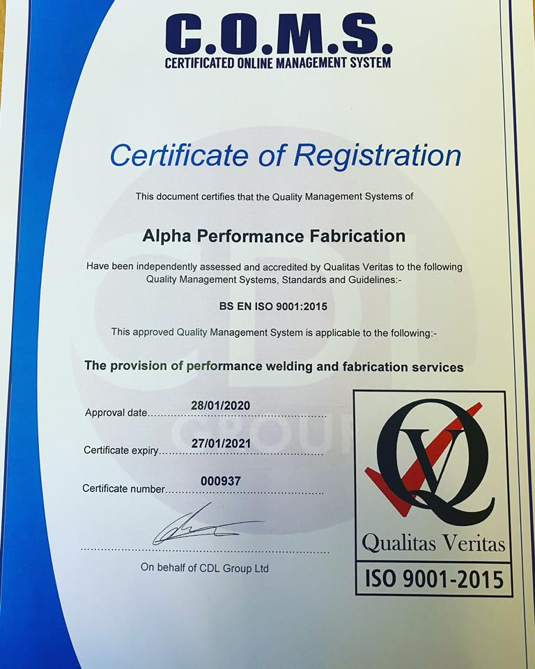 AlphaPerforman1's tweet photo. Alpha Performance Fabrication Ltd are proud and excited to announce we are now officially ISO 9001 Accredited!! 
#apf #alphaperformancefab #iso9001 #qualityassurance #growingbusiness #welding #fabrication #custom #performance #qualitymanagementsystem https://t.co/P0LViAbQW5