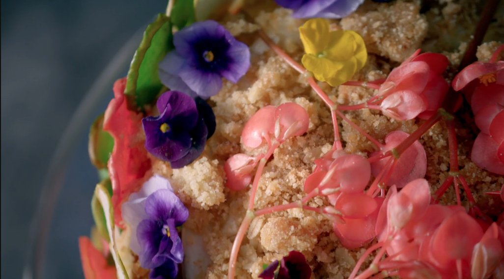 CaribCookSchool's tweet photo. You can find Apple Blossom in some strange places such as on an Apple Crumble cake on #CrazyDelicious - #microherbs #chefs #funwithfood #funwithflavour https://t.co/8Vm27WYYzb