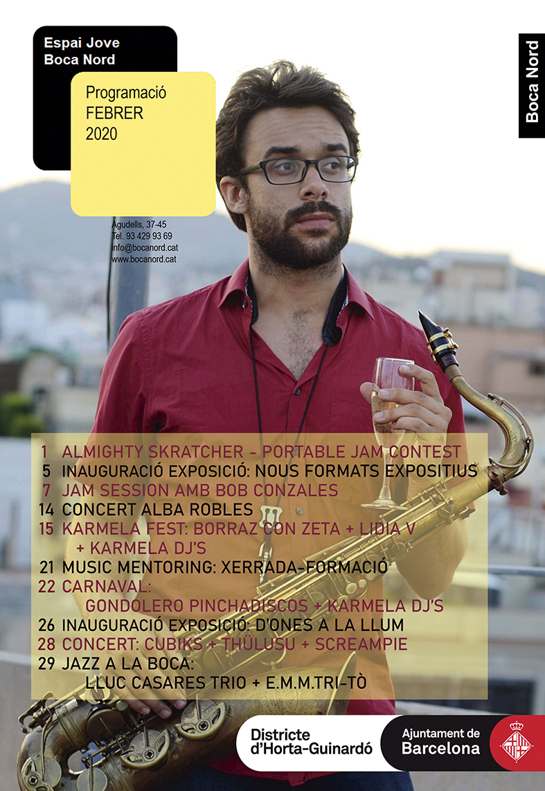 BOCANORD's tweet photo. Febrer 2020 a Boca Nord #dj #exposició #art #jove #jamsession #musica #bobgonzales #cançó #albarobles #karmelafest #cançó #borrazconzeta #lidiauve #jazzalaboca #carnaval #lluccasares #gondoleropinchadiscos #punkrock #heavy @bcn_hg @bcn_joventut #carmel https://t.co/3qdSJbVCBD https://t.co/rQ8YwTSVhW