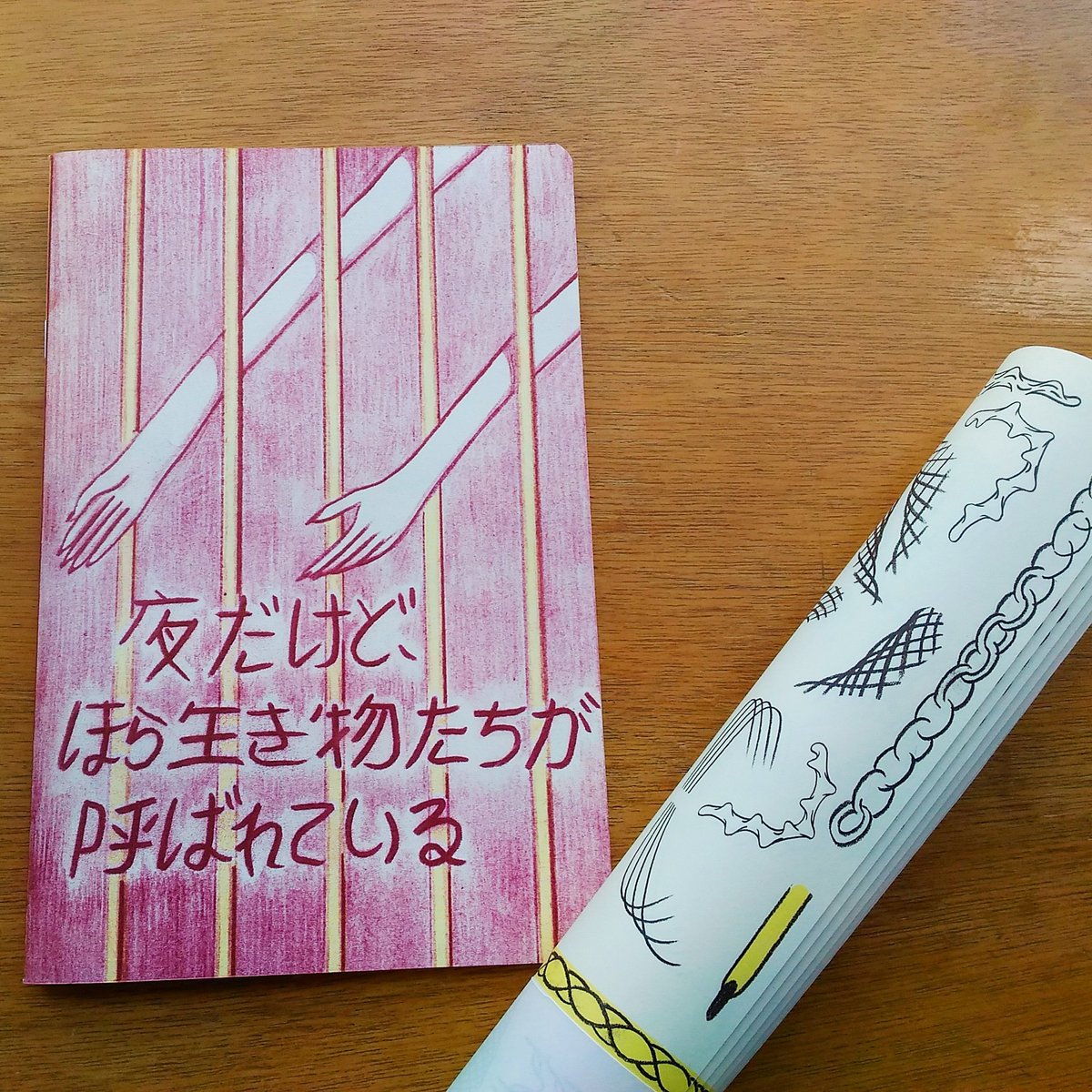 calobookshop's tweet photo. 【新着】昨年秋の、のせでんアートラインにメキシコから参加したディエゴ・テオが作ったアーティストブック「夜だけど、ほら生き物たちが呼ばれている」と、駅や電車車内にも貼られたポスター6枚セット。熊、天狗、山姥…いきものたちが夜の町の中に残す痕跡を描いています。どちらも税込1000円。 https://t.co/8AulDFLUCo