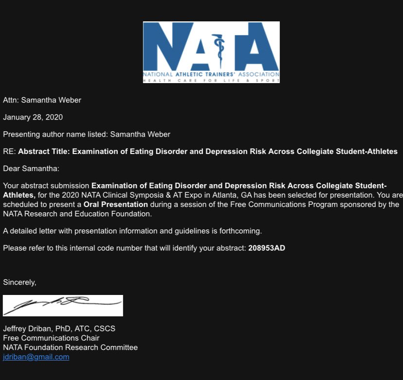 Excited for an opportunity to orally present something I’ve been working on for a while now. #athletementalhealth #NATA