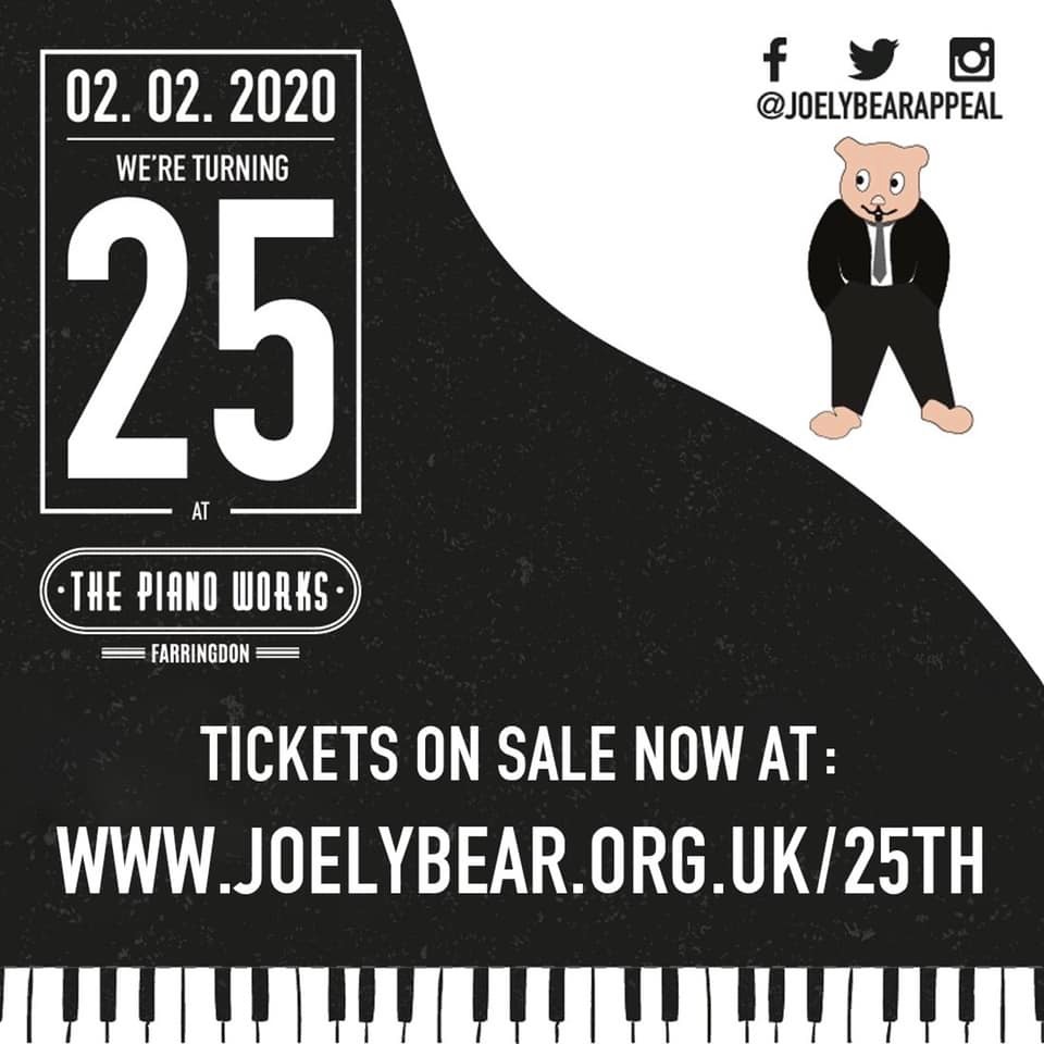 It's our birthday today - we're 25!

On this day in 1995, we launched at Signor Baffi restaurant in Borehamwood.

On Sunday, we celebrate at <a href="/ThePianoWorksFA/">The Piano Works Farringdon</a> !

Thank you to all who have supported us since January 29th 1995!

The Joely Bear Appeal

#JoelyBear25