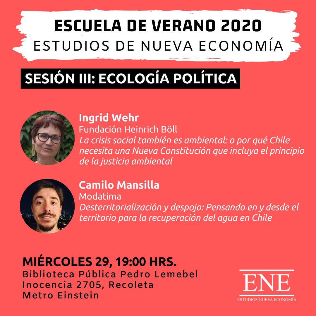 EsNuevaEconomia's tweet photo. [ Sesión 3: Ecología Política ] 🔴 HOY en la Biblioteca Pedro Lemebel, contaremos con las presentaciones Ingrid Werh de la Fundación Heinrich Böll y Camilo Mansilla de MODATIMA ✊🏽 https://t.co/ehrOrf56qi