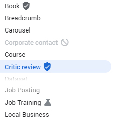 Screenshot showing status icons in google developer docs for structured data