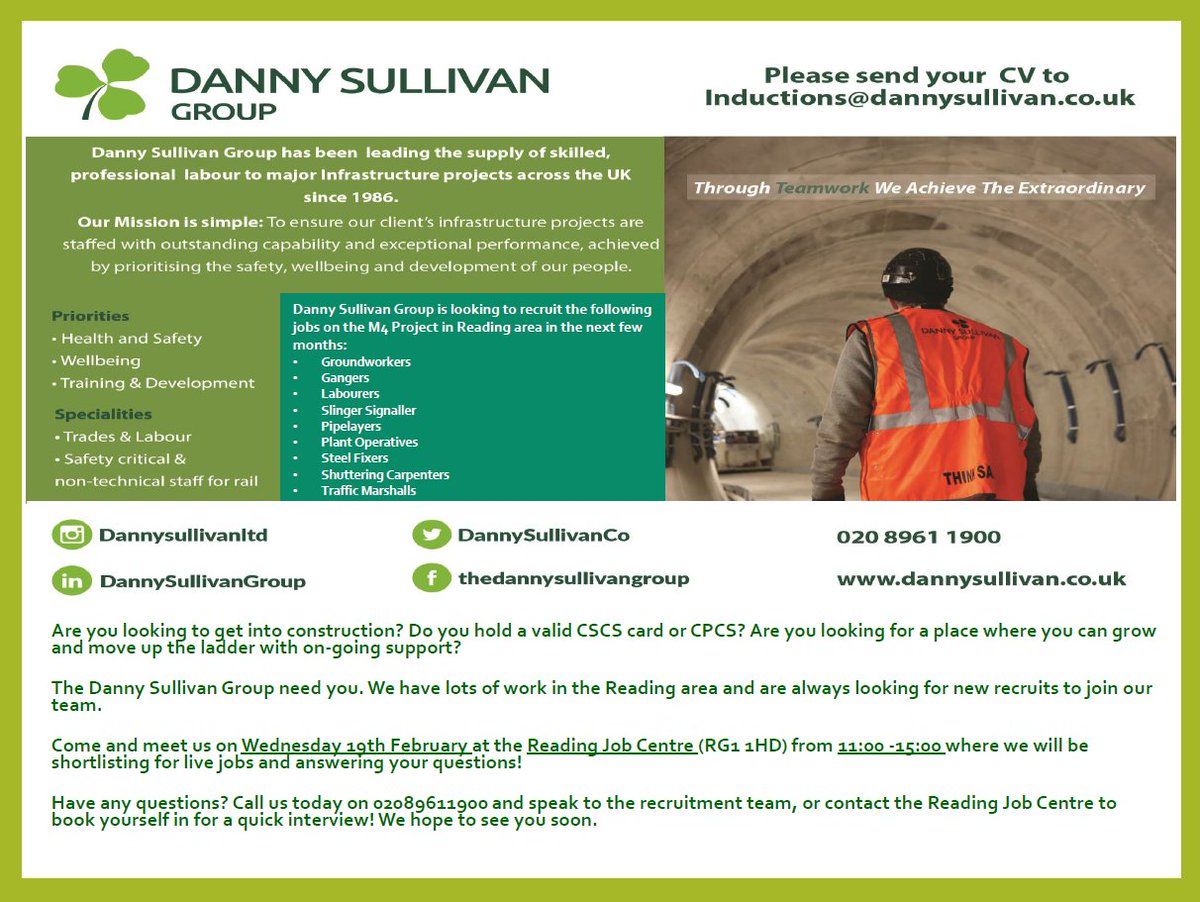 DannySullivanCo's tweet photo. The Danny Sullivan Group will be at the Reading Job Centre on February 19th 11:00-15:00. Come and meet the team and register your interest for jobs that are coming up in Reading! #Reading #JobsInReading #ReadingJobs #M4 #M4Jobs #CSCS #CPCS #Labour #Groundworks #Shuttering #Jobs https://t.co/Vgkb8ilkea