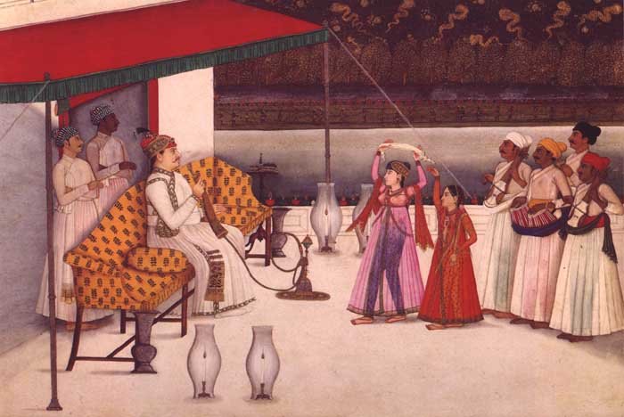 Col. Polier's Nautch (Lucknow, c.1780), painted by Mihr Chand, son of Gunga Ram as cited by  http://columbia.edu accompaniying artist-musiican all standing while performing how diff it might have been for them? a torture kind off?Dance or Nautch http://www.columbia.edu/itc/mealac/pritchett/00routesdata/1700_1799/polier/lotnotes.html#nautch1780