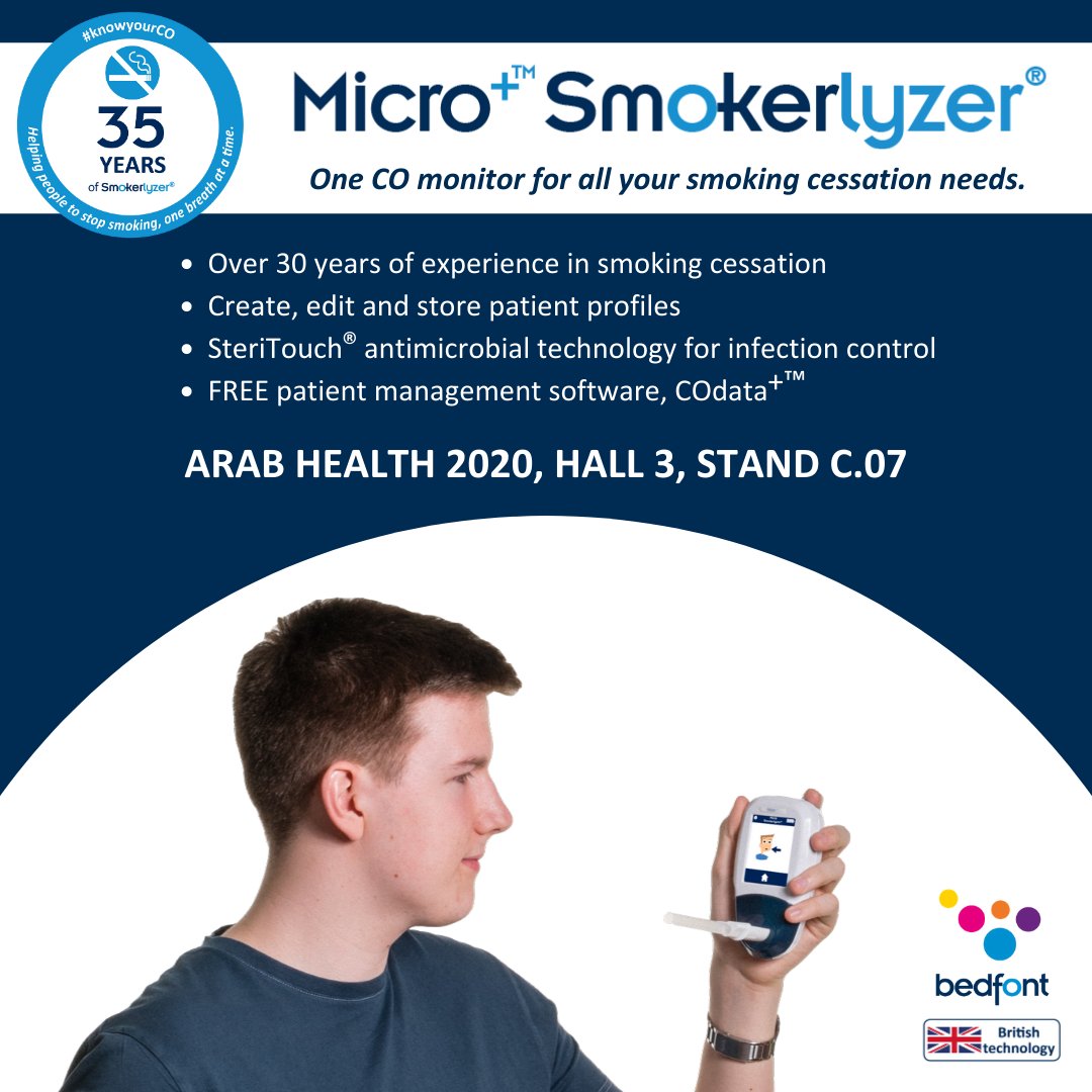 BedfontLtd's tweet photo. 2020 marks 25 years of the #Smokerlyzer range 🎉 Why not stop by Hall 3, Stand C.07 at #ArabHealth this afternoon to see how it help your patients #quitsmoking?
#knowyourCO #stopsmoking #CObreathtest #COmonitoring https://t.co/2TeYfIXDTY