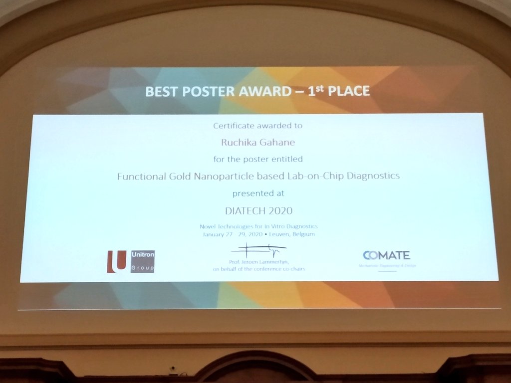 DIATECH2020's tweet image. First place in poster awards goes to Ruchika Gahane! Congratulations Ruchika
@ComateEngineers @Unitron_Group 
#DIATECH2020