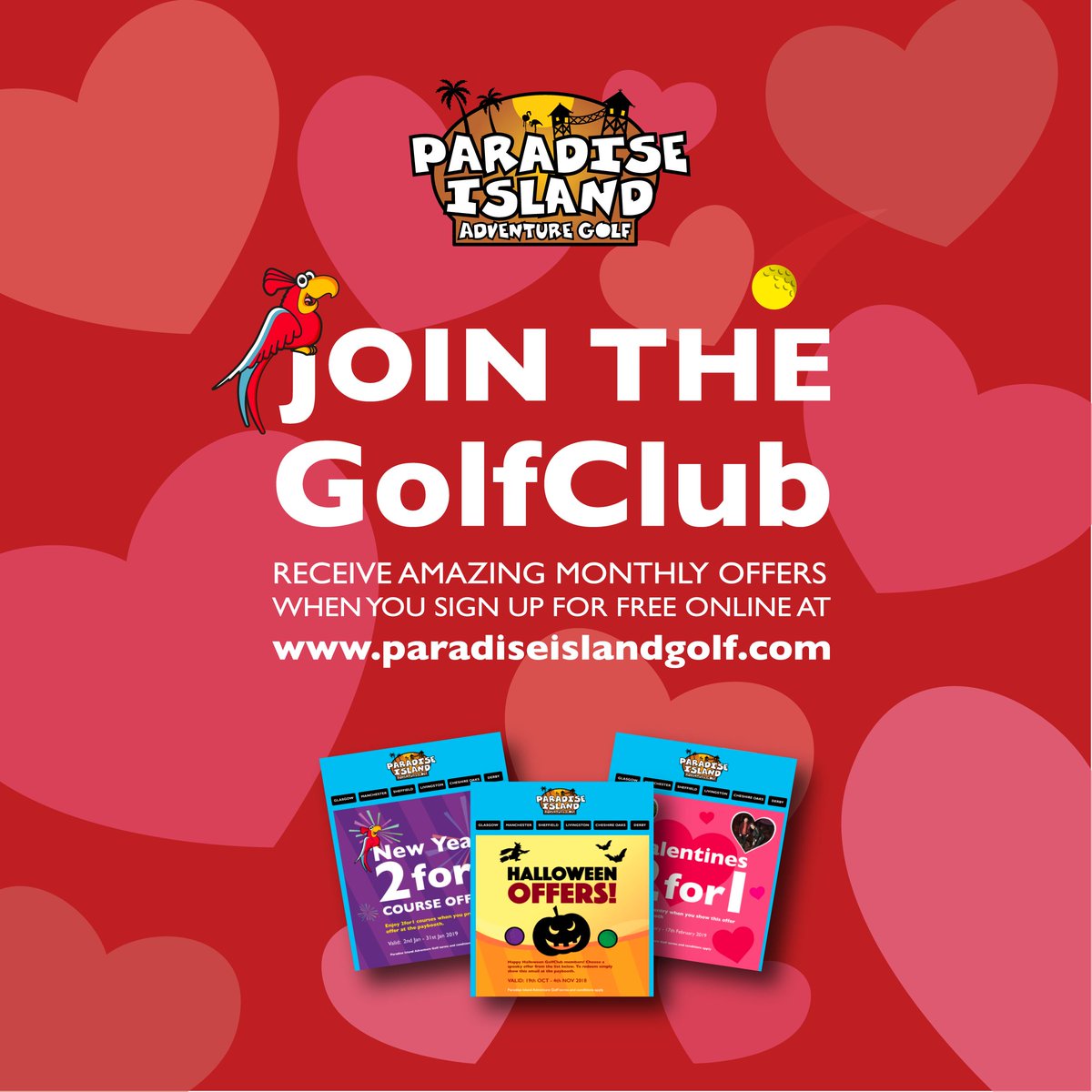 PUTTER UP THIS VALENTINES🏌️‍♀️💗 
Join the #GolfClub NOW!  
You never know when we might 'swing' into your inbox with a SPECIAL OFFER 📩 
Sign-Up FREE 👉 ow.ly/Nh7w50y7RIr
#AdventureGolf #MiniGolf #PIAG #ValentinesOffer