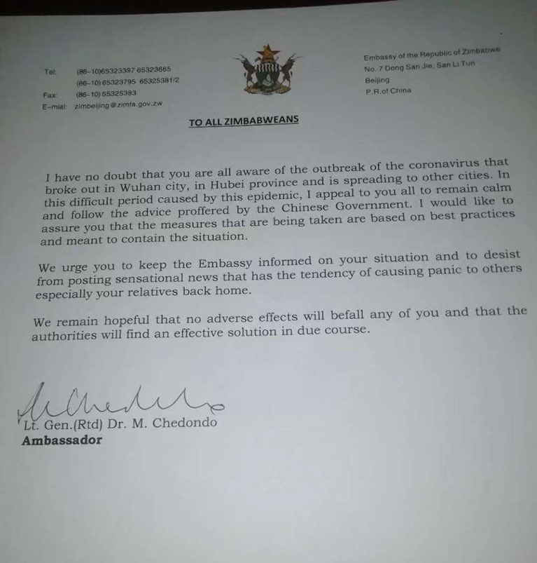 StarFMNews's tweet image. #NewsAlert
#ChinaCoronaVirusAlert
Zim Ambassador to China's statement on the current coronavirus outbreak as he urges all to remain calm and follow advice by Chinese government.