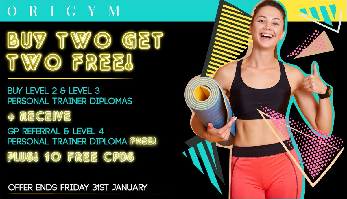 Origym_COE's tweet photo. Buy 2 personal trainer courses and get 2 free! HURRY OFFER ENDS JAN 31ST!💥 

Enquire now: https://t.co/wj2SatXJMS to start your personal trainer career today!💪

#Origym  #ptintraining #personaltrainer https://t.co/Z5DWlGeiOp