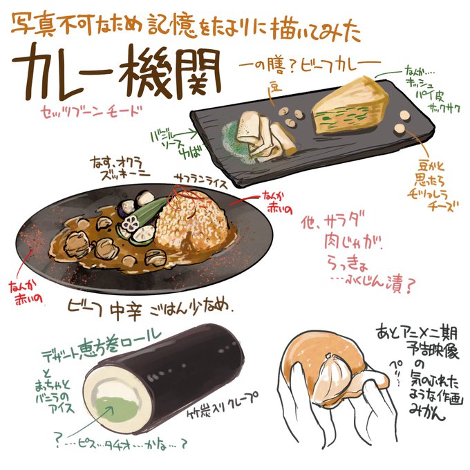 写真が撮れないことに頭を抱えて
記憶が薄れないよう急いで描いてみた
細部が間違ってても気にしない!
#カレー機関 