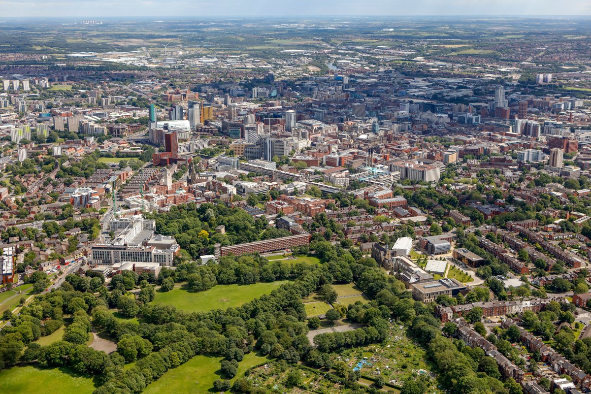 Aerial view of University of Leeds campus and Hyde Park