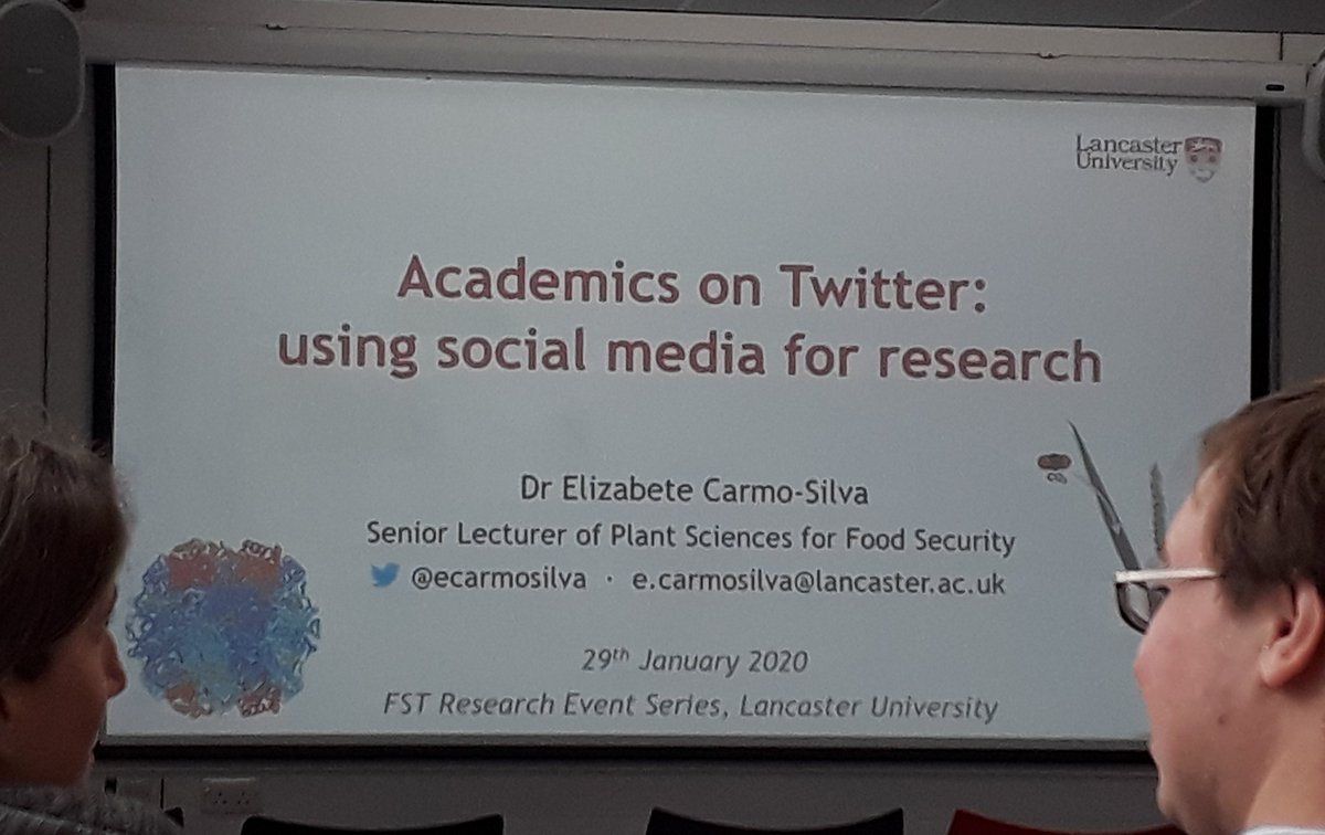 Image of a PowerPoint presentation slide. Reads "Academic on Twitter: using social media for research. Dr Elizabete Carmo-Silva, Senior Lecturer of Plant Sciences for Food Security. @ecarmosilva e.carmosilva@lancaster.ac.uk. 29th January 2020, FST Research Event Series, Lancaster University"