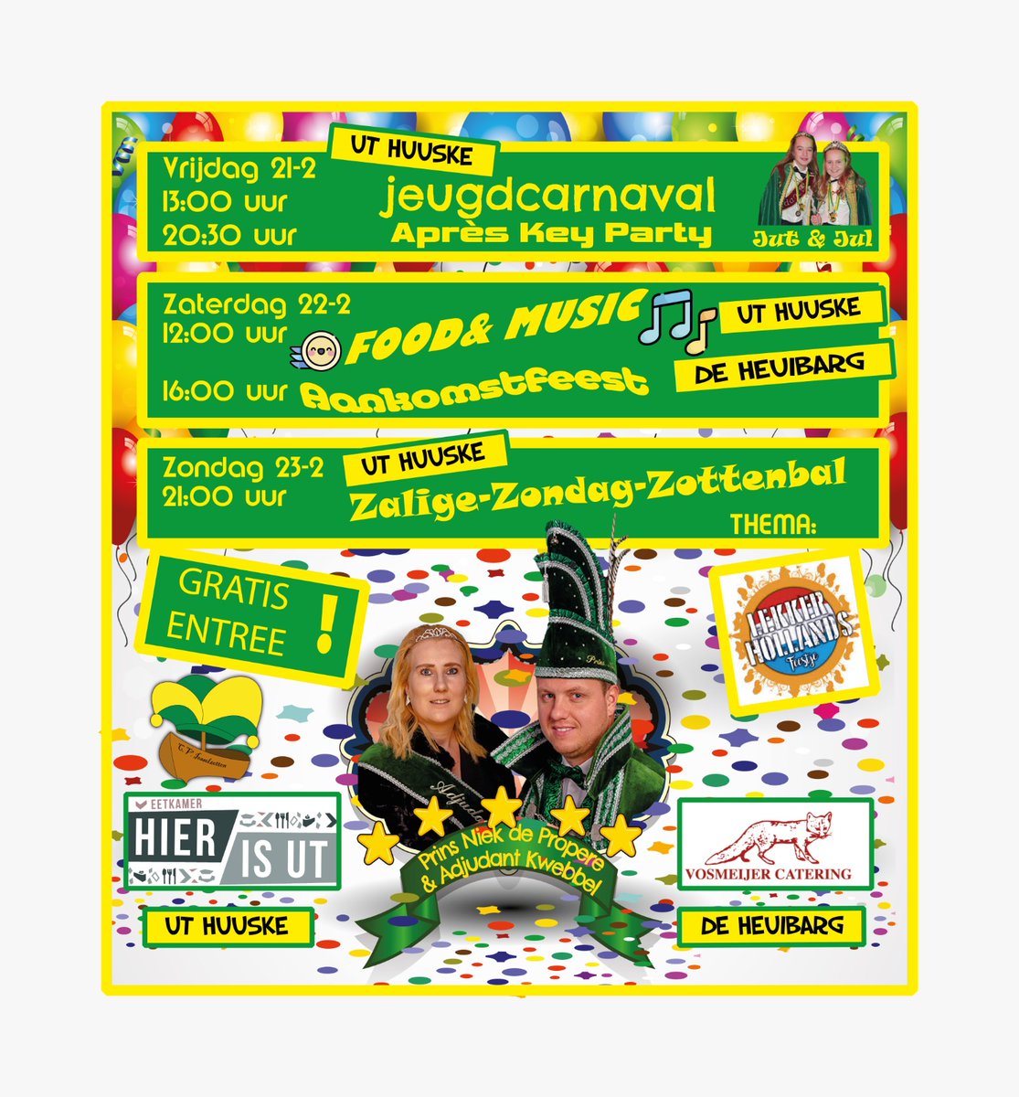 iesselzottencv's tweet photo. Nog 23 nachtjes slapen en dan is #Carnaval2020 aan.🎊 Hier ons programma. Waar zien we jou bij dat weekend? En als wat? 🃏🧛🤴👯🐻 @Carnavaleskst @rtvoostcarnaval @utHuus_OW #UtHuuske #Heuidarp #Heuibarg 💛💚 https://t.co/dZ1fL3dXO8