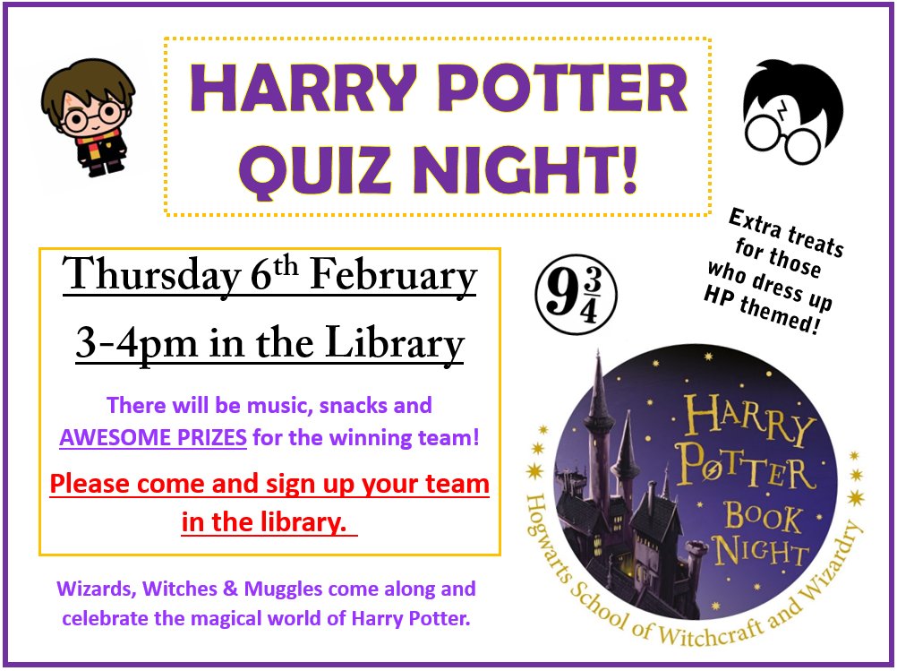 GeorgeSalterAc's tweet photo. Next week is Harry Potter Book Night all around the world!

We are celebrating with a huge HP Quiz in the library 3-4pm.

There will be lots of prizes (and cake), come and sign up your team now. 😀 https://t.co/SGic9pRFco