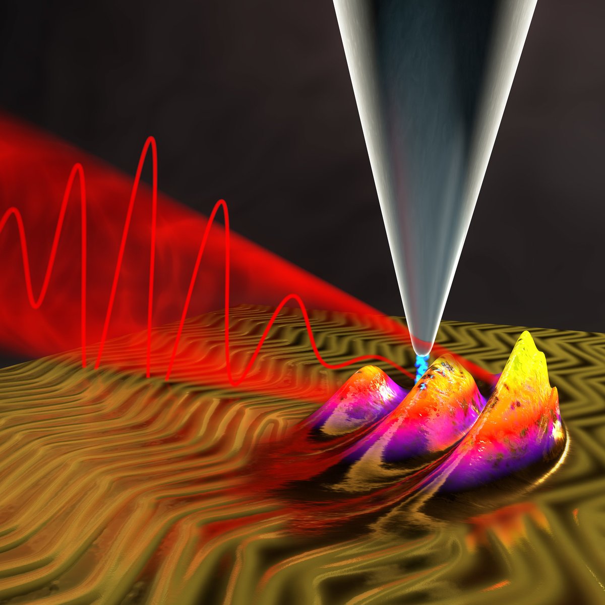 Resolution taken to the extreme: Using a combination of ultrashort laser pulses (red) and a scanning tunnelling microscope, researchers at the Max Planck Institute for Solid State Research are filming processes in the quantum world. They focus the laser flashes on the tiny gap between the tip of the microscope and the sample surface. – Electrons (blue) / electronic wave packet (coloured wave)