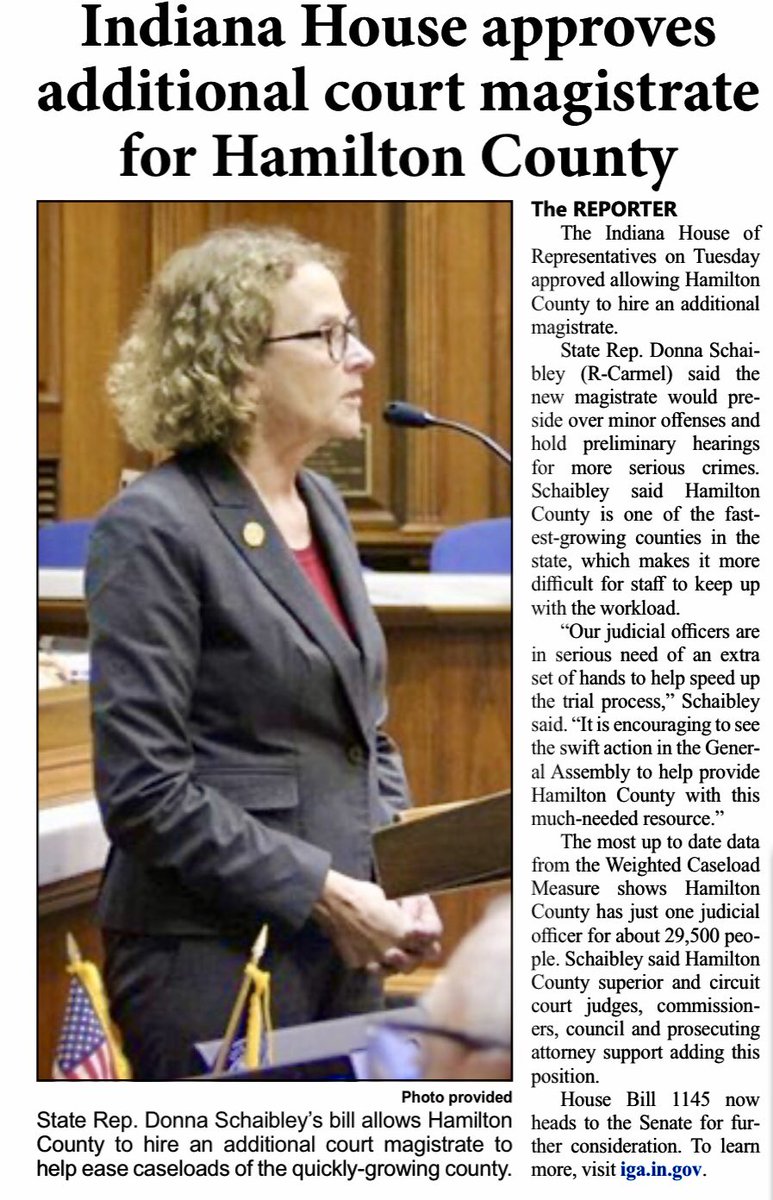The Indiana House of Representatives on Tuesday approved allowing Hamilton County to hire an additional magistrate.

State Representative Donna Schaibley bill allows Hamilton County to hire an additional court magistrate to help ease caseloads of the quickly-growing county.