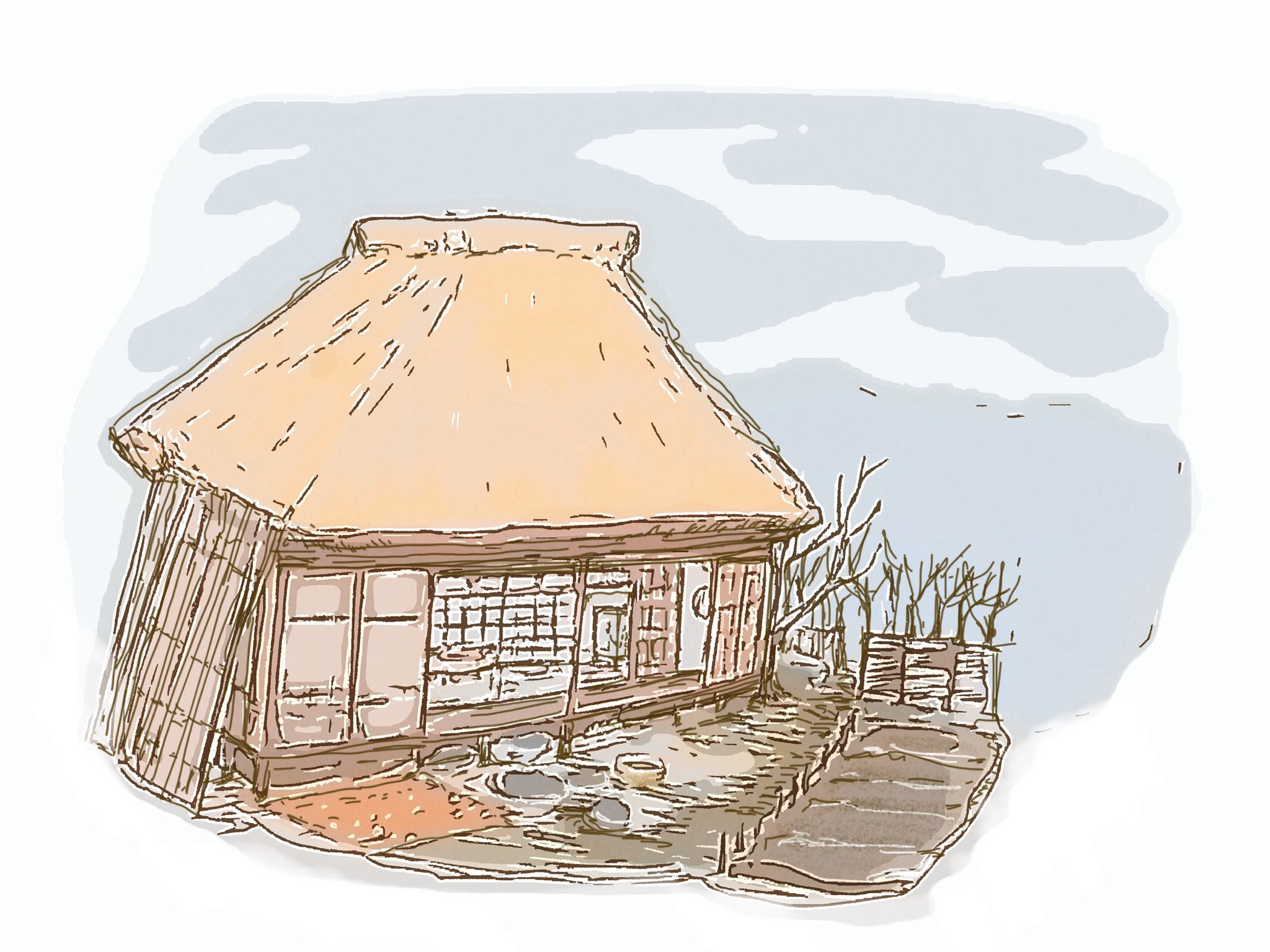 りん 田舎暮らしのイラストレーター むかーしむかしあるところに 的なおうち 近くの川には桃がどんぶらこっこーどんぶらこー イラスト Illustration スケッチ Sketch 1日1絵 一日一絵 イラスト 好きな人と繋がり