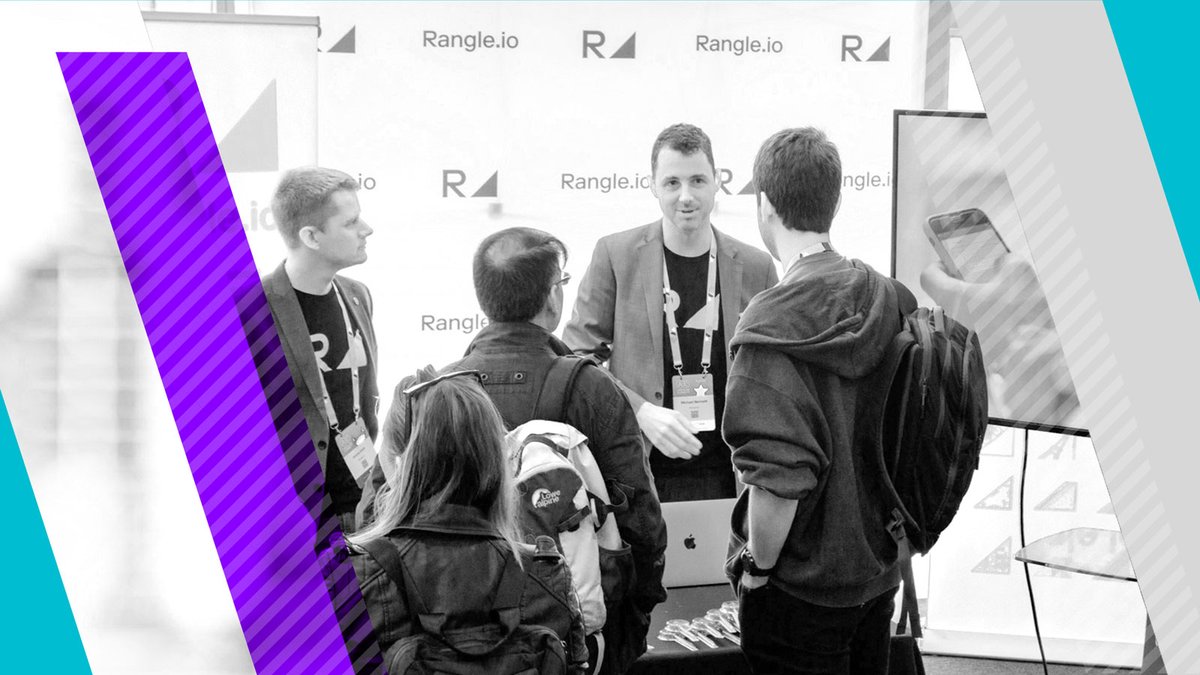 Design Systems Community cover image with the 5th meetup theme (angles, stripes with teal and purple), and a black and white photo of a Rangle conference booth with many interested people surrounding a Rangle representative