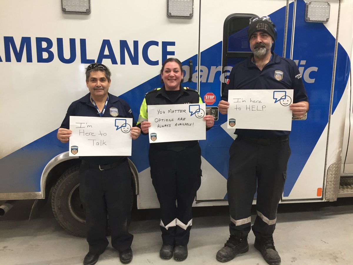 TorontoMedics's tweet photo. Remember - words matter.  Be thoughtful and be kind.  Paramedic Amanda, and Equipment Services' Joe &amp; Gino are here to help. #BellLetsTalk https://t.co/K80aDz2DZ0