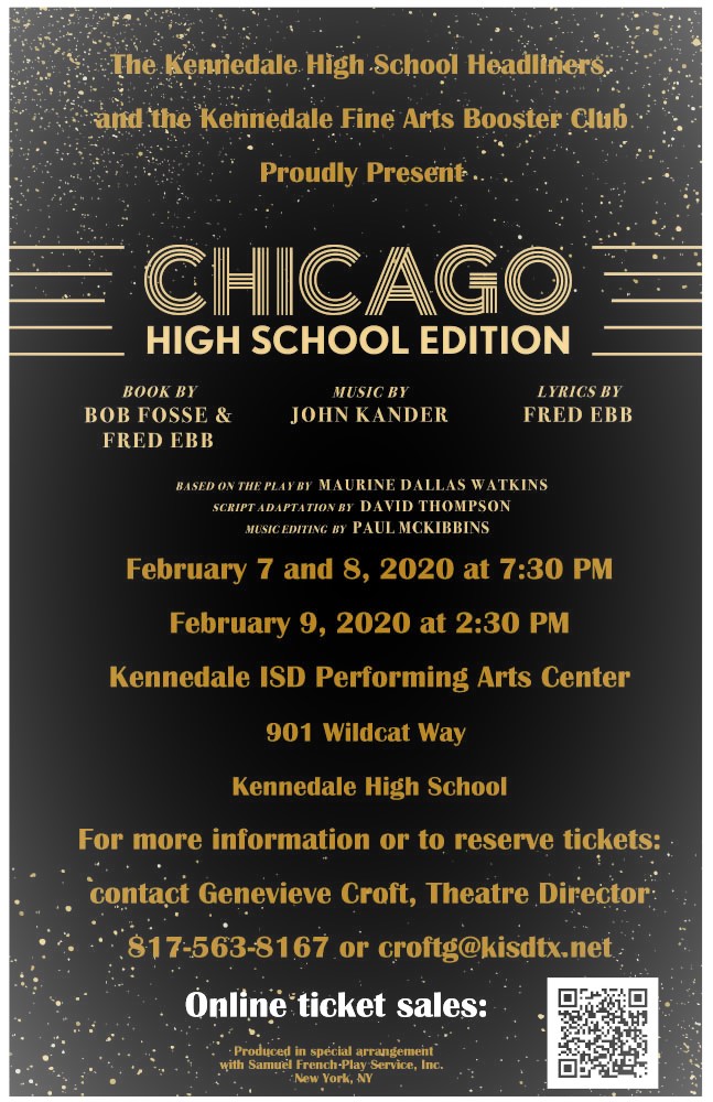 KennedaleNews's tweet photo. SAVE THE DATE: Kennedale High School theatre's musical production of “Chicago: High School Edition” at Kennedale Performing Arts Center. Open to th public .... Feb. 7-8 at 7:30 pm &amp; Feb. 9 at 2:30 pm https://t.co/ByDDTNxwLJ