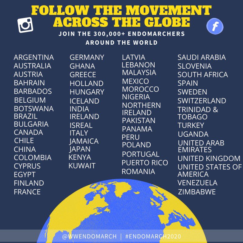 WWEndoMarch's tweet photo. Join the 300,000+ EndoMarchers around the globe! ๐
Follow Worldwide EndoMarch Inc on Facebook and @WWEndoMarch on Instagram and Twitter to stay up to date on events around the world! โจ
#EndoMarch2020 #ForwardWeGo #WhyWeEndoMarch https://t.co/CGXEChtszB