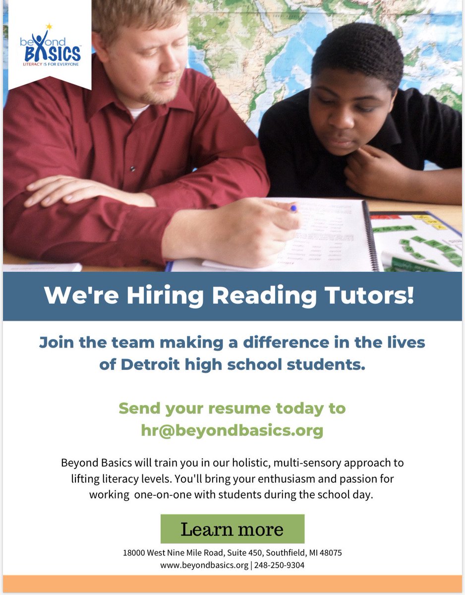 rachelvitti's tweet photo. Looking to make a measurable difference in the life of a student? @Beyond_Basics is hiring literacy tutors, paid training! #1in5 #saydyslexia #MichiganEd https://t.co/x7r9BYT38K