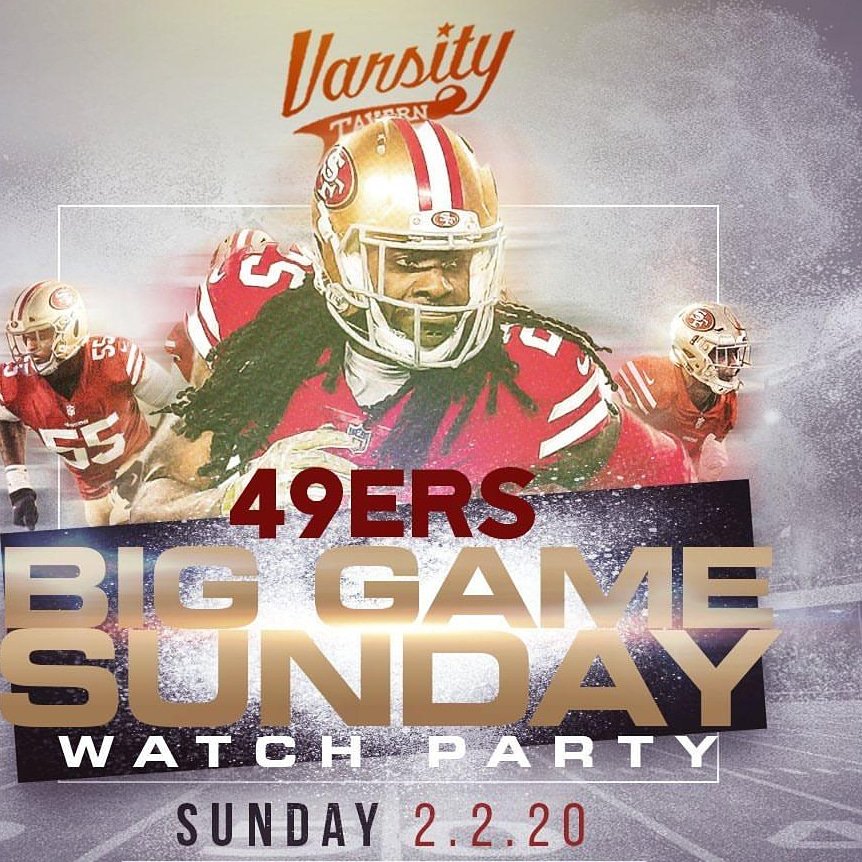 az49erempire's tweet photo. Join us for the biggest 49er watch party in the Valley! Rodeo will be open in the bottom, Varsity in the 2nd floor and the roof top bar will also be available! #az49erempire #varsitytavernaz #superbowlparty #arizona49erfans #touchdownshots https://t.co/IxcsSJZ7tW