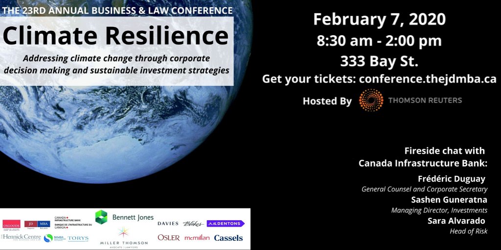thejdmba's tweet photo. Friendly reminder that early bird pricing for our Climate Resilience Conference ends in two days! Get your tickets for this great networking opportunity here https://t.co/Yg24owgRhg

Speakers from @cib_en @OsgoodeNews @SchulichSchool @BennettJonesLaw @TorysLLP @kmlawllp and more! https://t.co/HFENTHIjDW