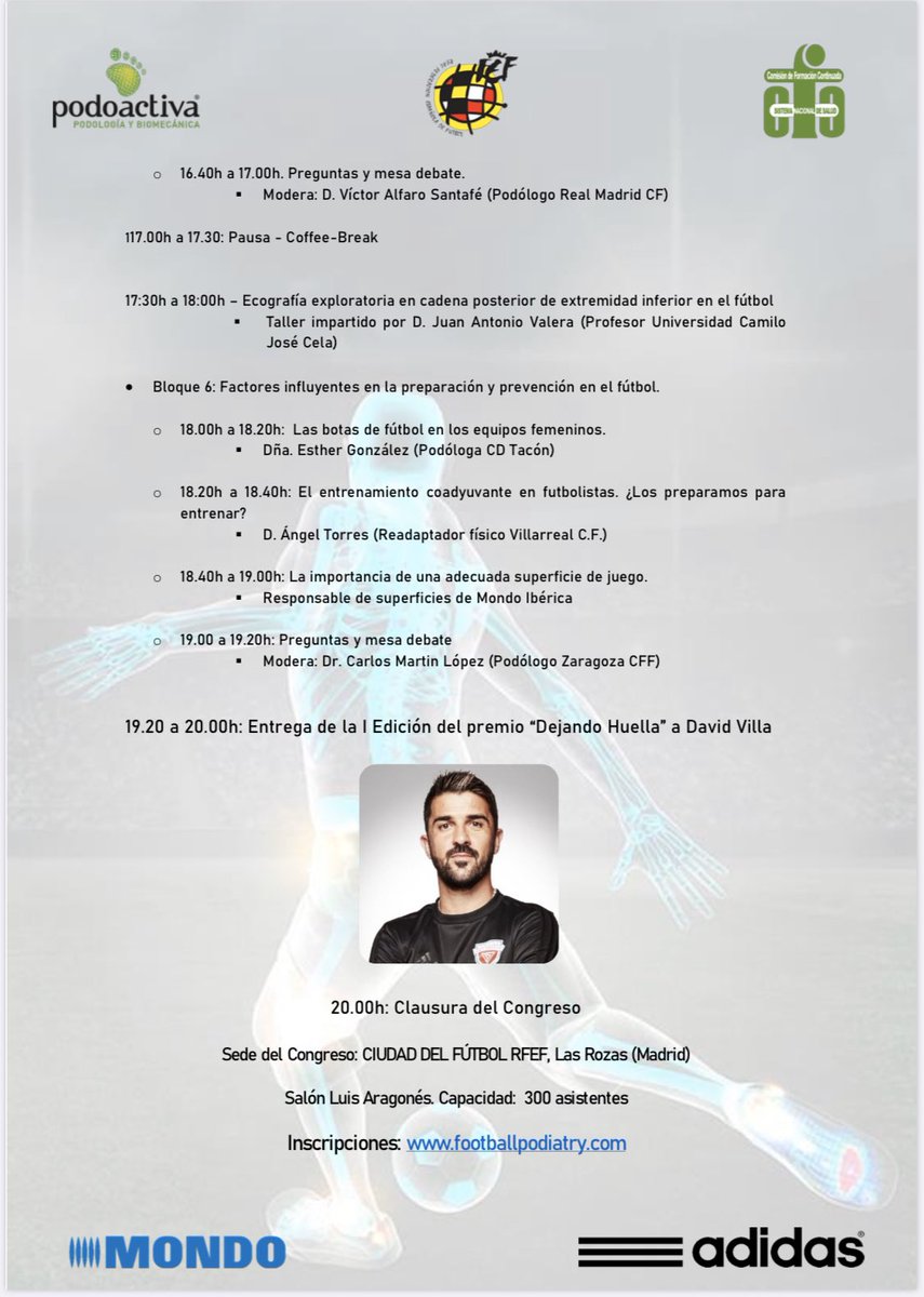 📚 PROGRAMA CIENTÍFICO 📚

III CONGRESO INTERNACIONAL DE PODOLOGÍA Y BIOMECÁNICA EN EL FÚTBOL

Gracias a todos los ponentes por su participación. 

#FootballPodiatry #Podología #Biomecánica #Fútbol #Podólogo #Fisioterapia #Medicina <a href="/Podoactiva/">Podoactiva</a> 

👉 Info: footballpodiatry.com