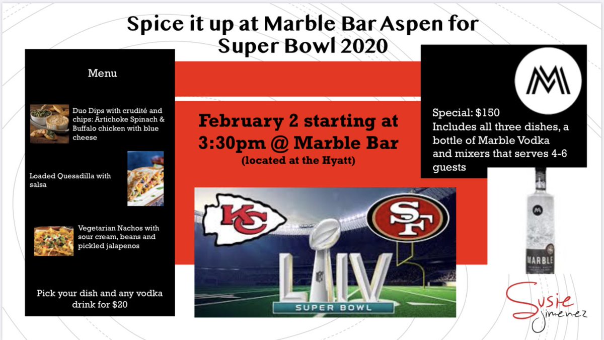 SpiceitupSusie's tweet photo. Let’s get Super Bowl 2020 rolling with vodka specials and bites from yours truly @TheAspenBuzz @MarbleDistillin @Hyatt @SusieSpiceItUp https://t.co/9anIhOF1pG