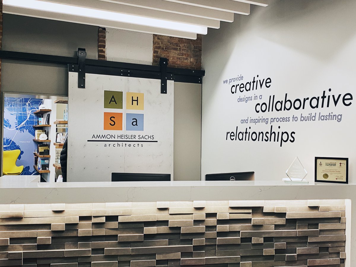 AHSarchitects's tweet photo. Last week we installed our mission statement in our lobby – We provide creative designs in a collaborative and inspiring process to build lasting relationships. 

It's in a place our team &amp; guests see, serving as a reminder of who we are &amp; what sets us apart. https://t.co/2cWYKZmS0B