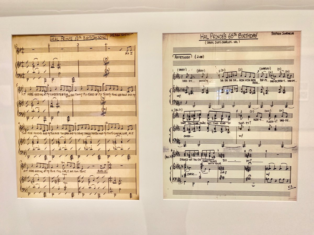 Songs written for Hal Prince's 50th and 65th birthdays. Two pages of sheet music mounted in a diptych frame.