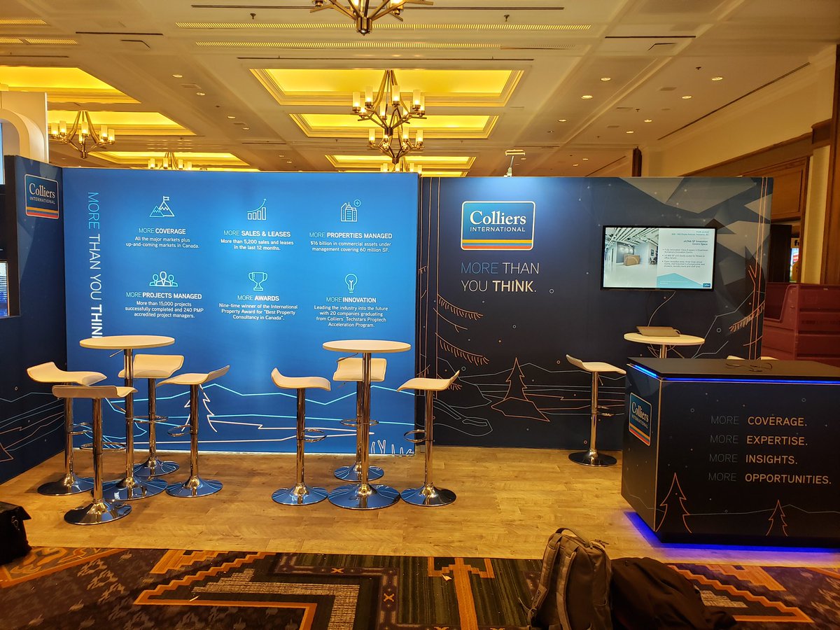 SkylineBC1's tweet photo. @collierscanada was at @ICSC this past week in Whistler with this open and inviting booth! Plenty of seating area for one on one discussions along with some eye catching lighting! #tradeshow #booth #boothdisplay #lighting #design #whistler #brand #graphics https://t.co/OFPLeHUVwy