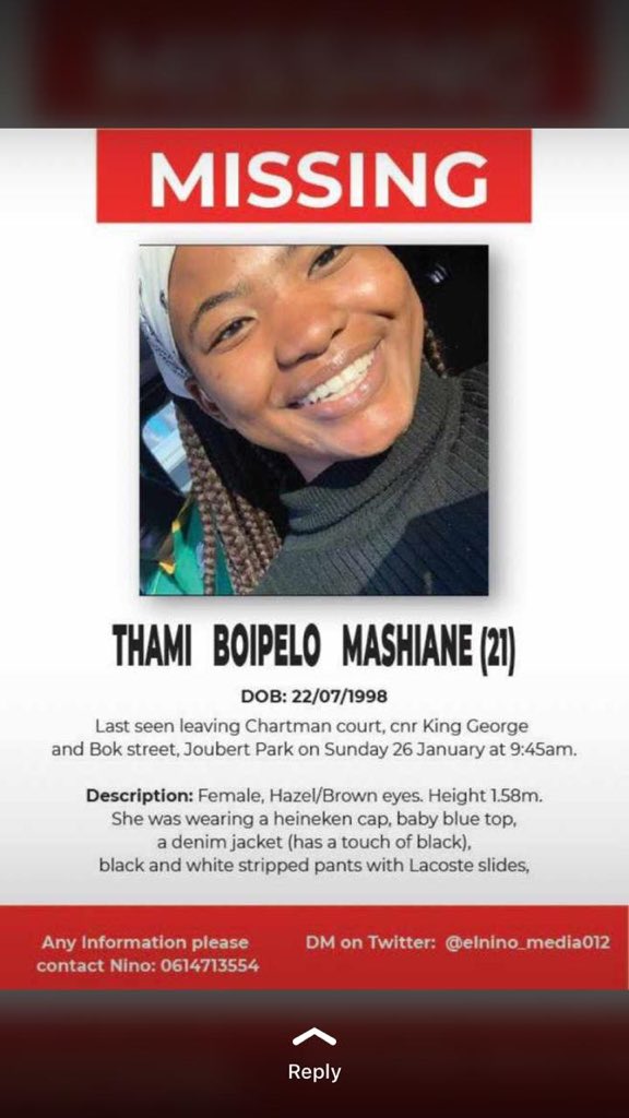 Tintswalo1994's tweet photo. Itβs been days. πππ
Guys Please RT to #HelpFindThami https://t.co/mlGmf8Hxuh